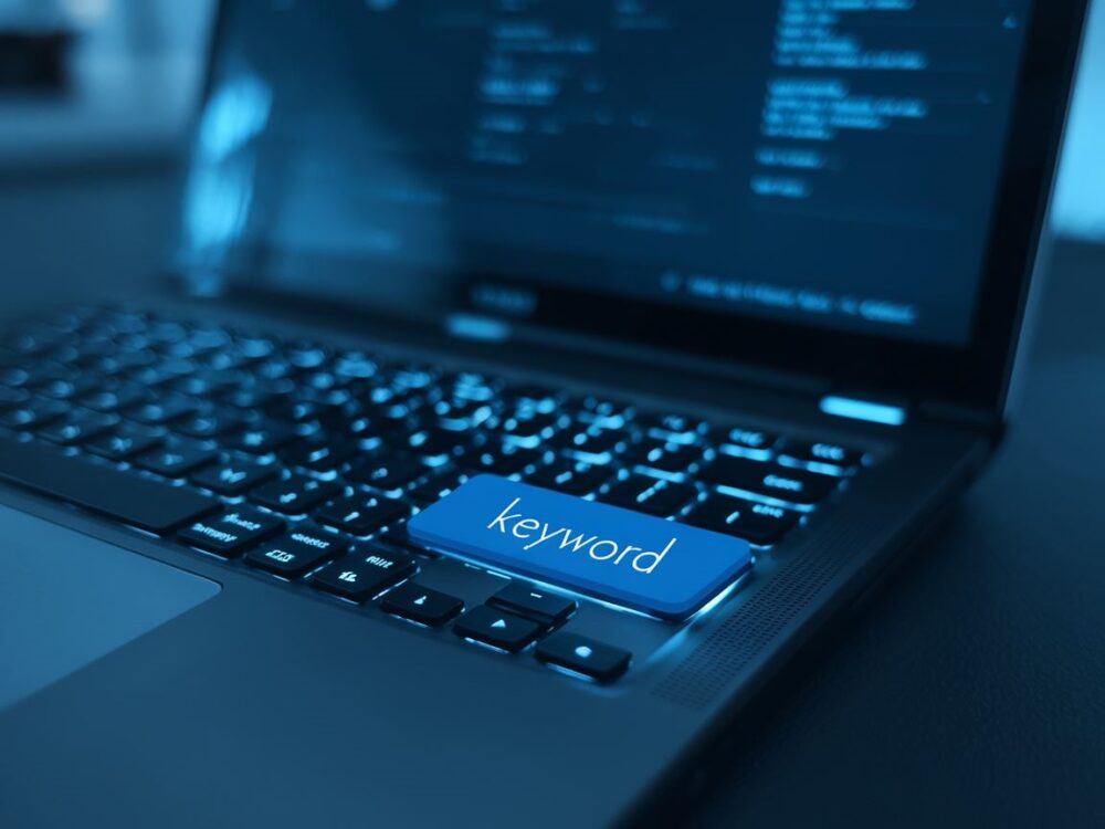 biurko z komputerem i Słowo kluczowe