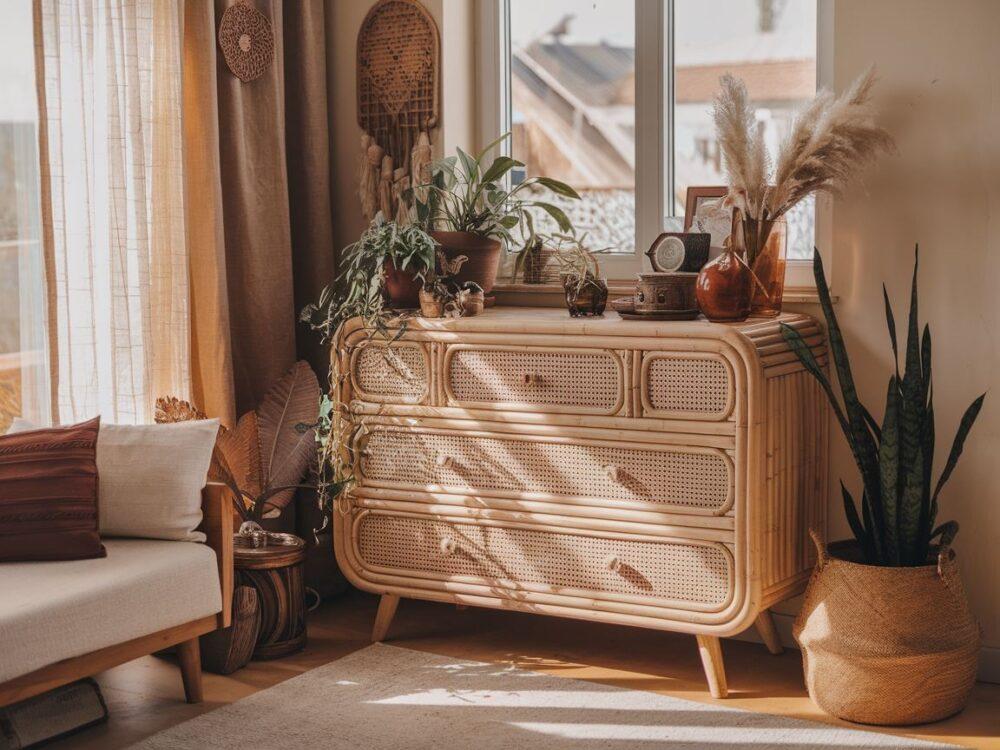 boho komoda z rattanu