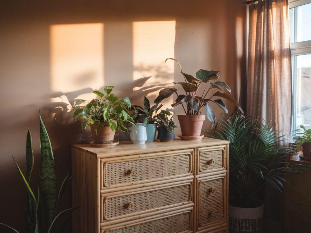 komoda z roślinami i makramą