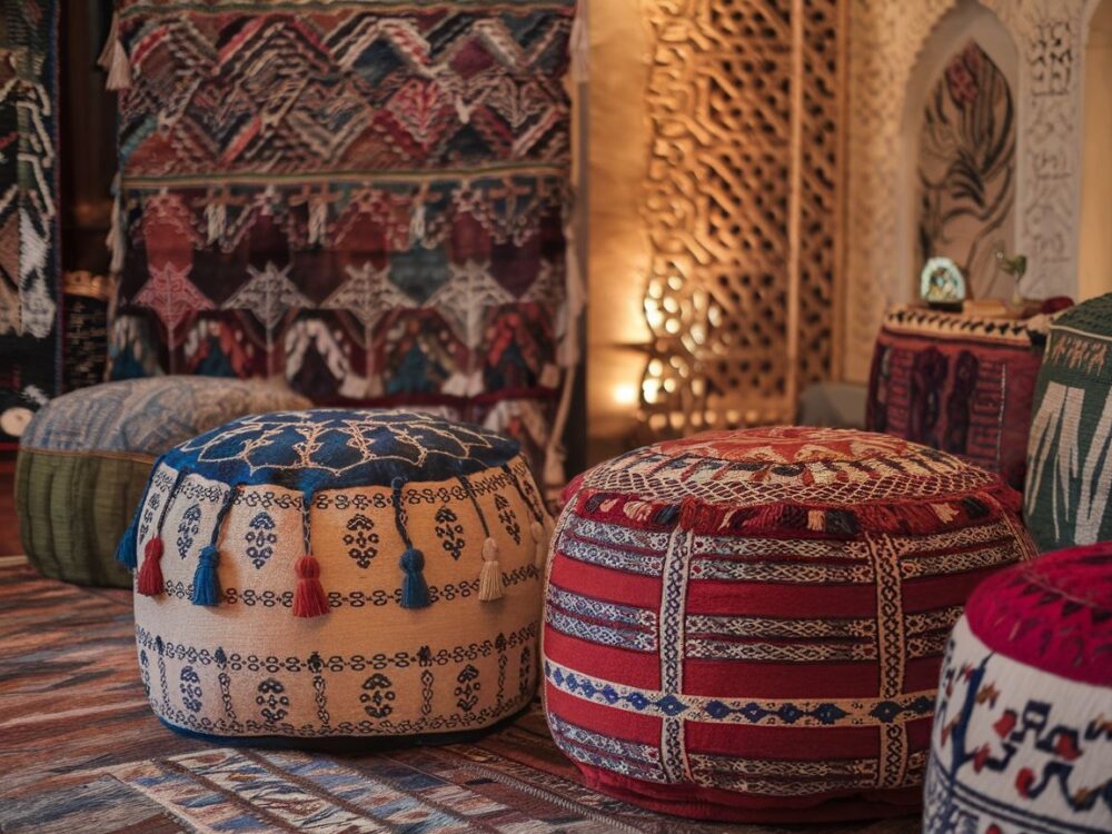 orientalne pufy z tkaniny