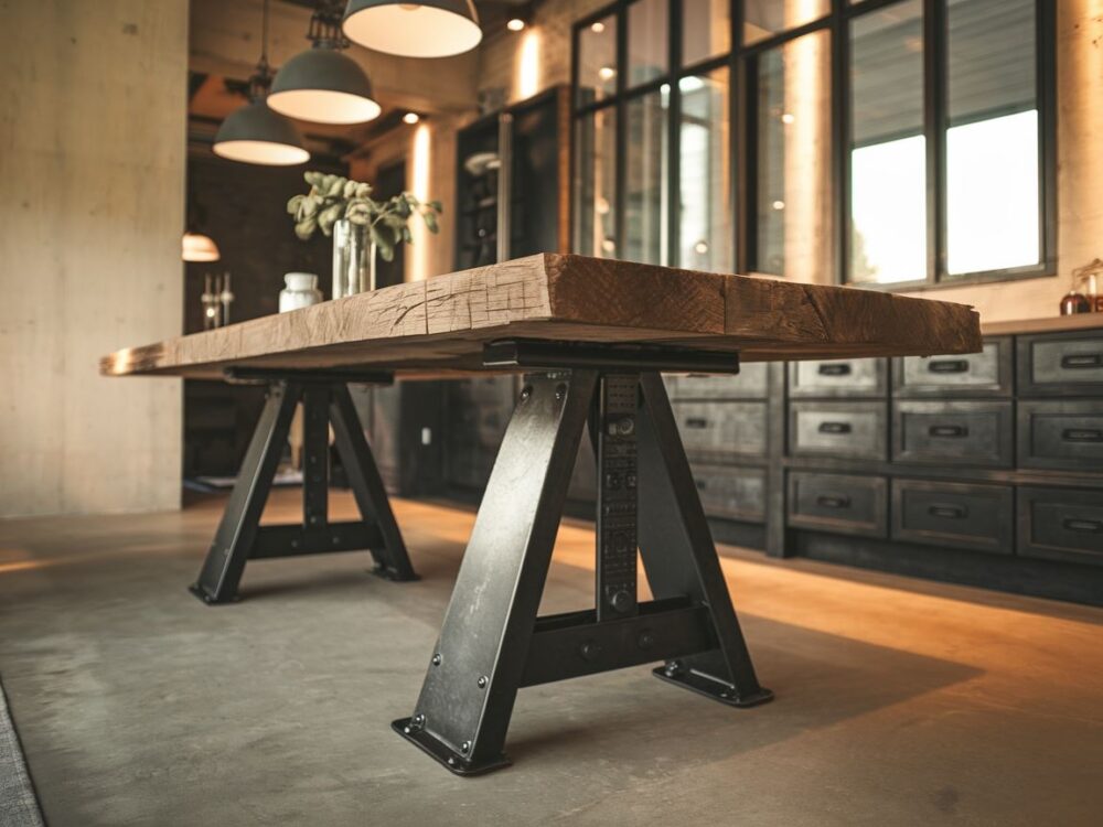 stół z metalowymi nogami