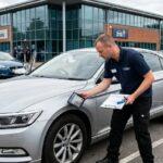 Pracownik ogląda srebrny samochód na placu skupu aut.