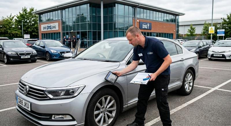 Pracownik ogląda srebrny samochód na placu skupu aut.