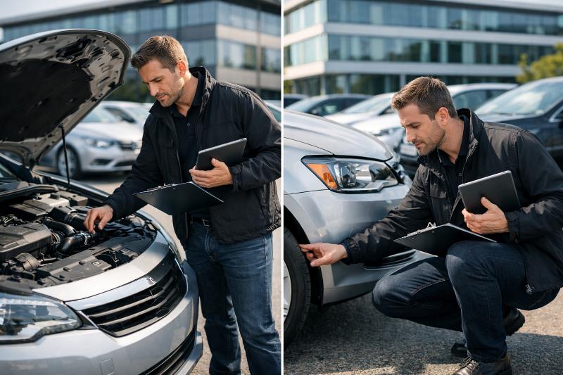 Specjalista sprawdza stan techniczny auta przed wyceną.